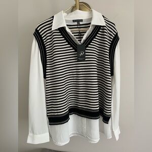 Adrianna Papell minimalist old money neutral casual Striped shirt sweater XL $98